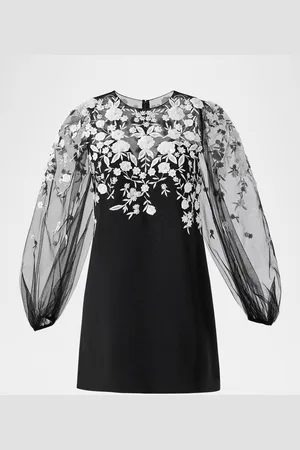 Carolina Herrera Floral Embroidered Puff-Sleeve Mini Illusion Dress