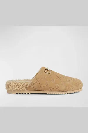Gucci Horsebit GG Suede Shearling Mules
