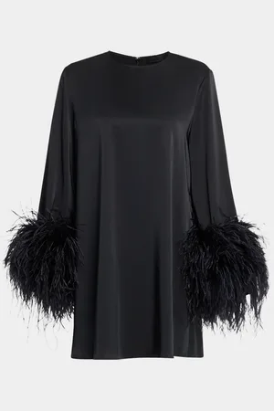 LAPOINTE Double-Face Satin Shift Dress with Ostrich Feathers