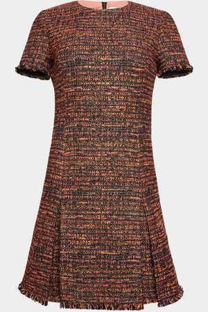 Santorelli Pleated Fringe-Trim Tweed Dress