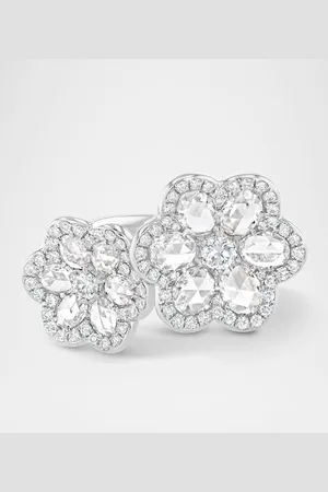 64 Facets Floral 18K White Gold Double-Flower Motif Ring with Diamonds, Size 5
