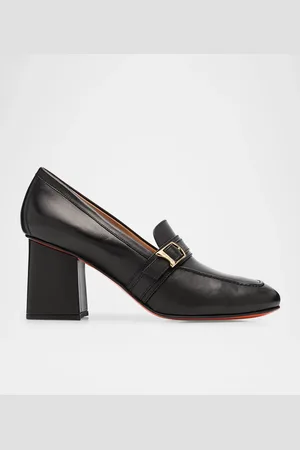 santoni Claudette Leather Buckle Heeled Loafers