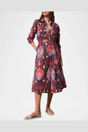 FIGUE Bassa Printed Long-Sleeve Belted Midi Shirtdress