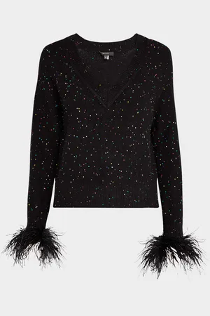 Milly Feather-Cuff Sequined Knit Sweater