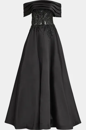 JOVANI Pleated Off-Shoulder Lace-Embellished Gown