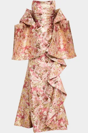 JOVANI Strapless Brocade Trumpet Dress with Shawl