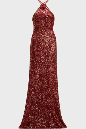 Naeem Khan Rosette Sequin Backless Halter Gown
