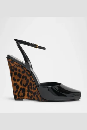 Saint Laurent Le Scandale Patent Leopard Wedge Sandals