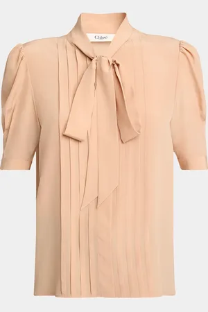 Chloé Neck-Tie Pleated Puff-Sleeve Silk Top