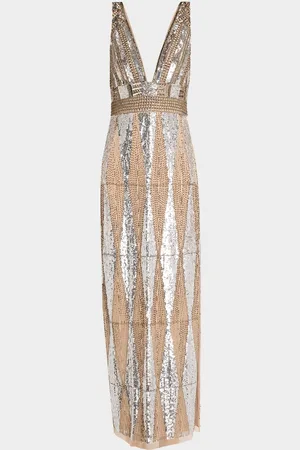 Aidan Mattox Beaded Deep V-Neck Column Gown