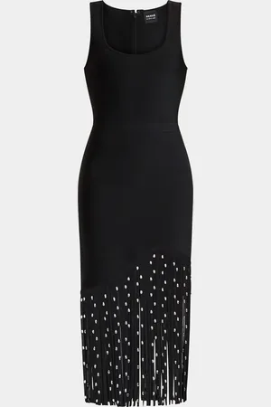 Hervé Léger Regan Crystal Fringe Sleeveless Midi Dress
