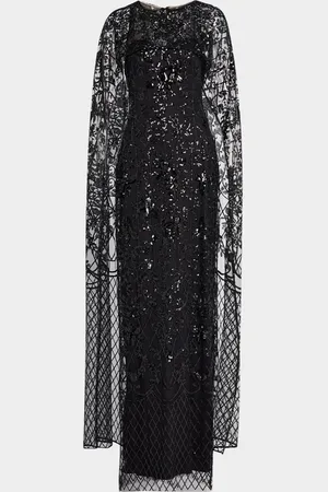 Marchesa Notte Sequin Cape Column Gown