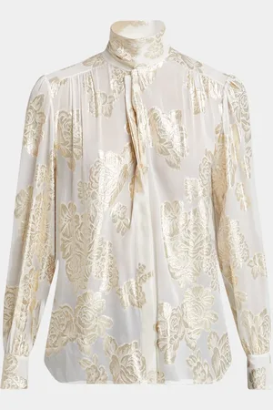 Chloé Metallic Floral Silk Scarf-Neck Top