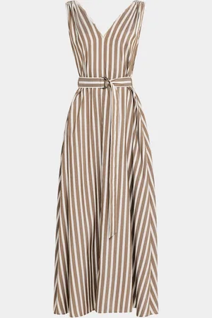 Brunello Cucinelli Striped Sleeveless Monili-Shoulder Belted Midi Dress