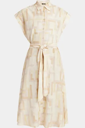 Kiton Abstract-Print Cap-Sleeve Belted Silk Midi Shirtdress