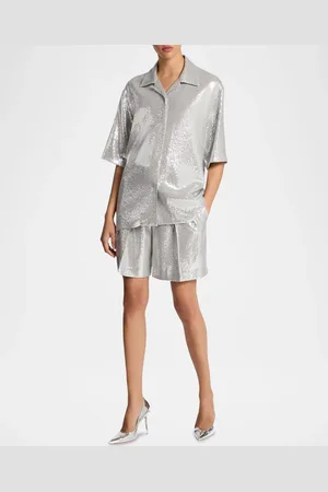 Michael Kors Sequined Short Sleeve Button Up Top