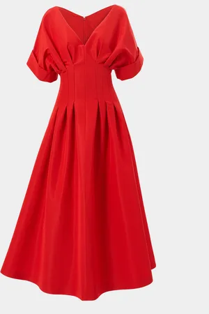 Carolina Herrera Pleated V-Neck Midi Fit-Flare Dress