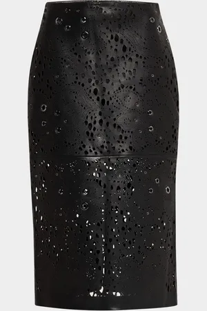 ST. JOHN Lace Lasercut Leather Embellished Midi Skirt