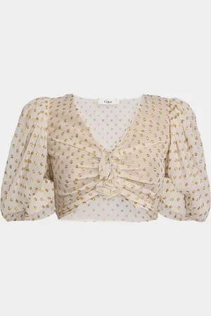 Chloé Metallic Polka-Dot Jacquard Puff-Sleeve Crop Top