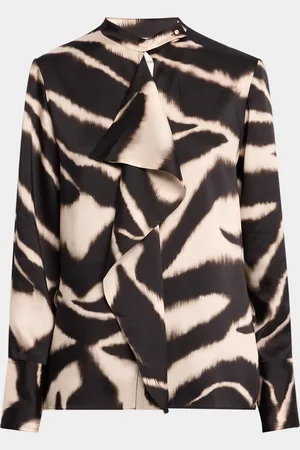 ST. JOHN Zebra-Print Ruffle Long-Sleeve Blouse