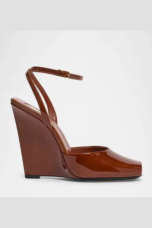 Saint Laurent La Scandale Glossy Ankle-Strap Wedge Sandals
