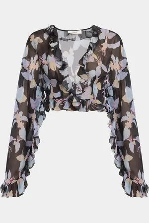 Chloé Floral Silk Ruffle Long-Sleeve Crop Top