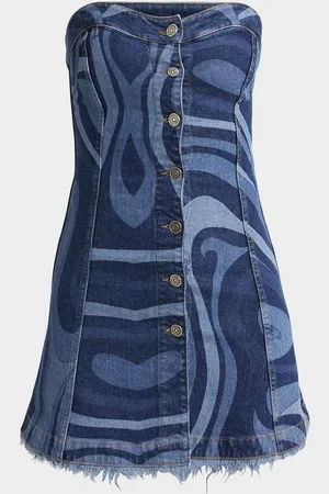 Emilio Pucci Strapless Marmo-Print Denim Button-Front Mini Dress