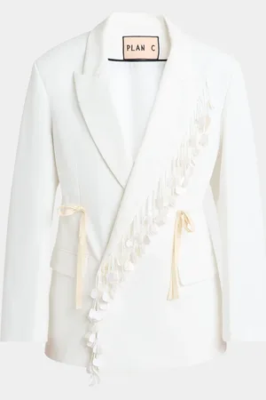 Plan C Sequin-Fringe Drawstring Double-Breasted Blazer Jacket