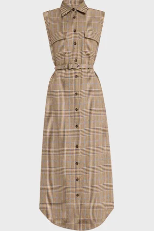 BRANDON MAXWELL Lilian Check Sleeveless Belted Midi Shirtdress