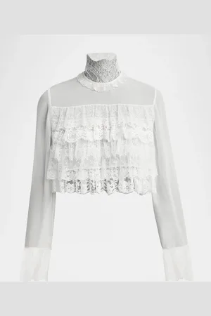 Chloé Lace Ruffle Long-Sleeve Silk Crop Top