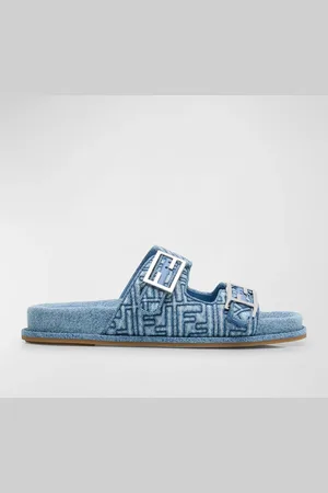 Fendi FF Embroidered Denim Dual Buckle Slide Sandals