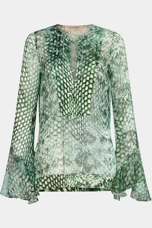 Silvia Tcherassi Thea Snakeskin-Print Silk Laced Flare-Sleeve Blouse