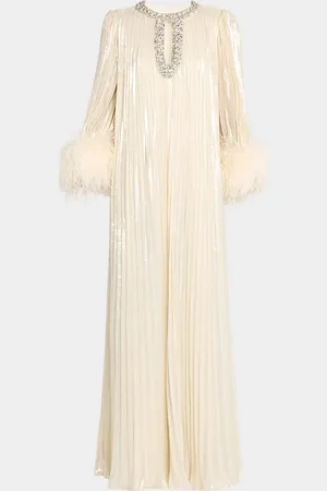 Self-Portrait Pleated Metallic Feather-Cuff Maxi Dress