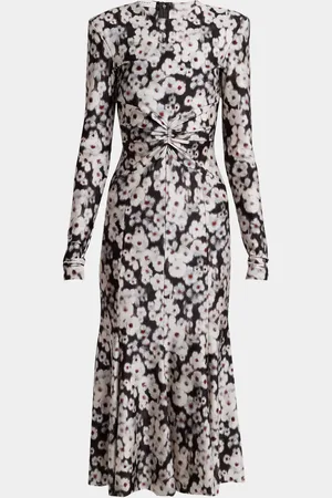 Serafini Floral-Print Strong-Shoulder Long-Sleeve Midi Dress