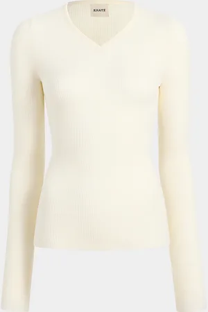 Khaite Tania V-Neck Long-Sleeve Rib Top