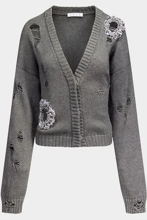 AREA Distressed Crystal V-Neck Cardigan