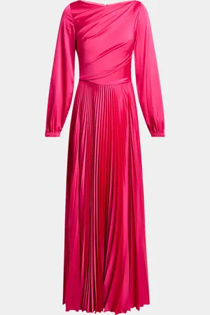 TALBOT RUNHOF Pleated Voile Satin Long-Sleeve Gown
