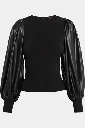ALICE+OLIVIA Latoria Crewneck Top with Vegan Leather Sleeves