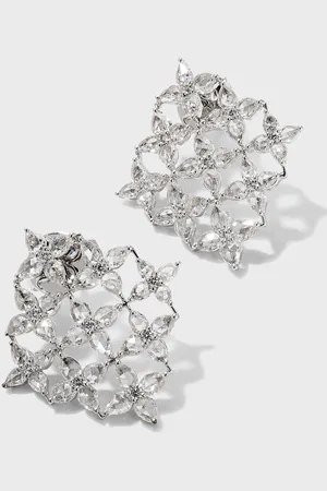 64 Facets White Gold Blossom Motif Earrings with Pear Rose-Cut
