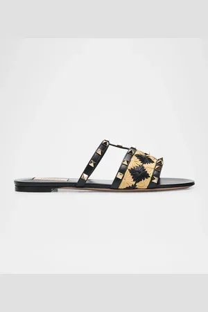 VALENTINO GARAVANI Rockstud Raffia Flat Slide Sandals