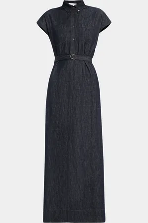 Brunello Cucinelli Cap-Sleeve Belted Indigo Midi Shirtdress