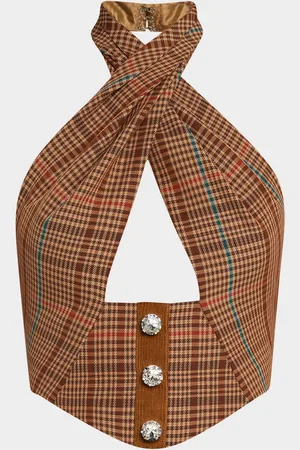 AREA Crystal-Button Check Crop Halter Top