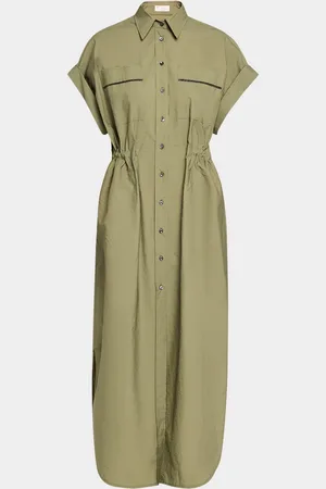 Brunello Cucinelli Monili-Trim Short-Sleeve Techno Cotton Poplin Midi Shirtdress