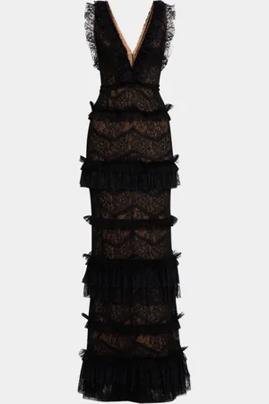 Marchesa Notte Tiered Ruffle-Trim Lace Column Gown