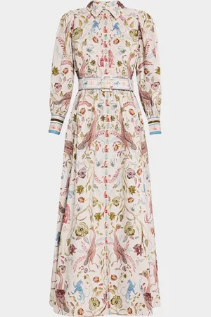 Marchesa Notte Belted Floral & Animal-Print Maxi Shirtdress