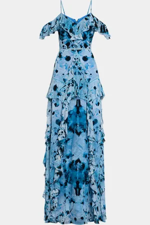 Marchesa Notte Cold-Shoulder Ruffle Chiffon Gown