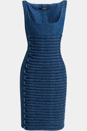 VERSACE Stripe Embroidered Sleeveless Denim Dress