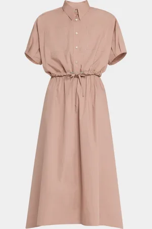 Brunello Cucinelli Fit-Flare Drawcord Poplin Asymmetric Midi Shirtdress