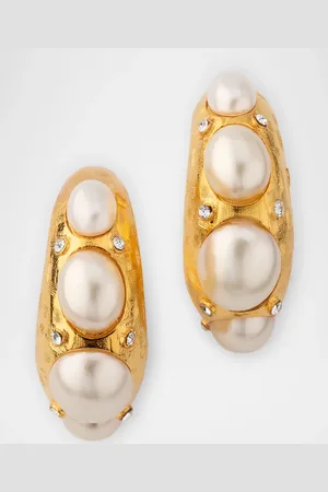Kenneth Jay Lane Rhinestone Hoop Earrings with Oval Pearly Cabochons