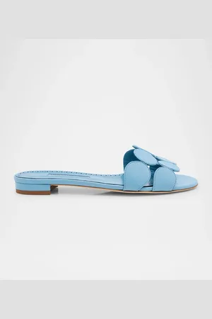 Manolo Blahnik Circle-Cut Leather Flat Slide Sandals